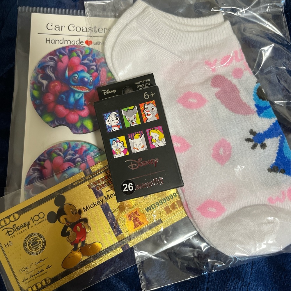 Disney Colorful Character Socks and Coasters, Disney pin and foil!